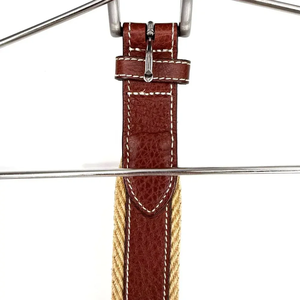 Vineyard Vines Tan Woven Cotton Leather Belt Brown Trim Silver Buckle Size 32